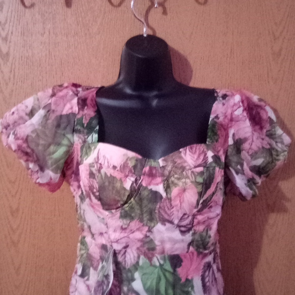 Floral Puff Sleeve‎ Mini Dress Pink Green Sweetheart Neck Ruffle Hem Tiered L - Picture 3 of 10